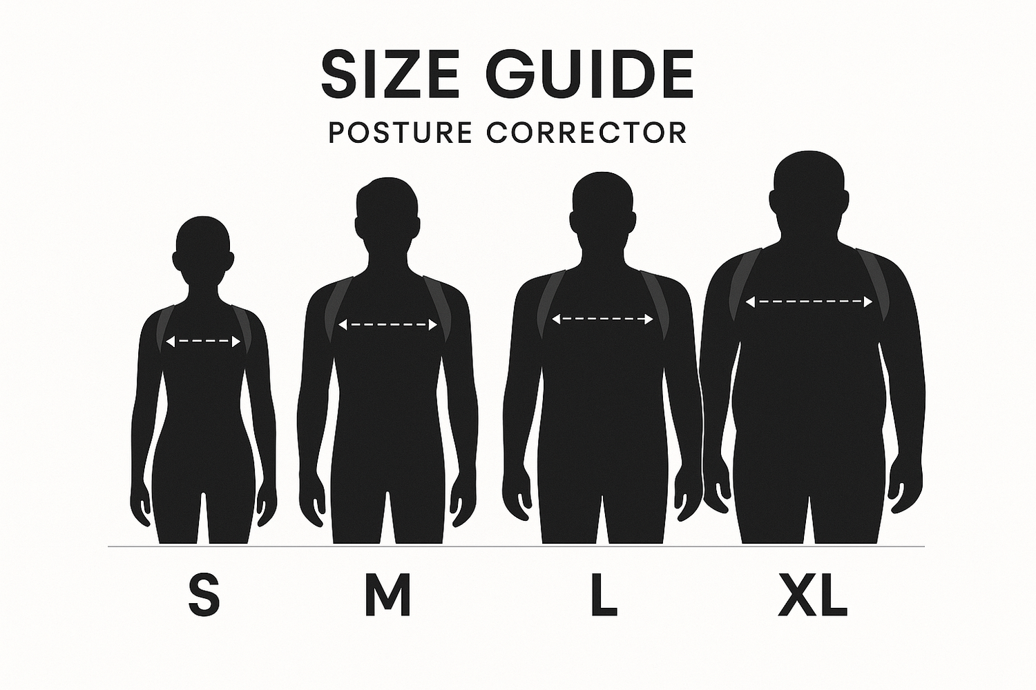ok maintenant une image qui montre les taille pour un correcteur de posture ( S,M,L,XL ) avec les different morphologie 